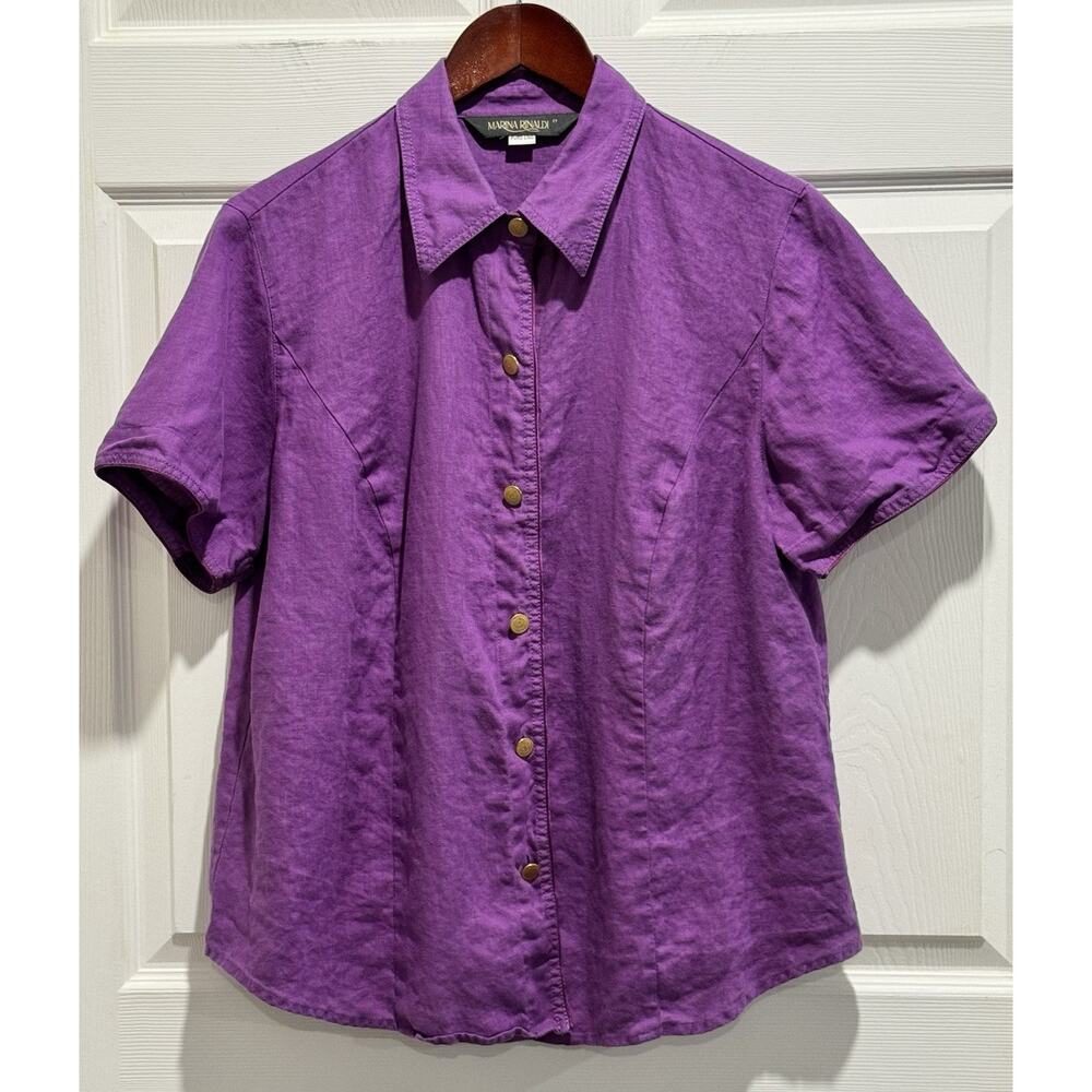 MARINA RINALDI Purple Linen Blouse Womens Size 21 Top Short Sleeve